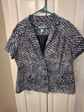 dressbarn Navy and White Printed Short Sleeve Blazer Jacket 1x